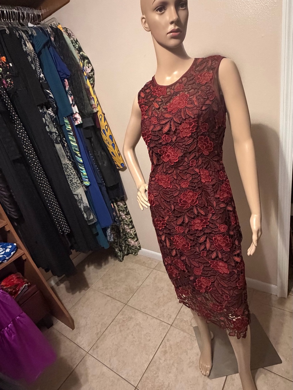 White House Black Market Red Floral Lace Midi Dress
